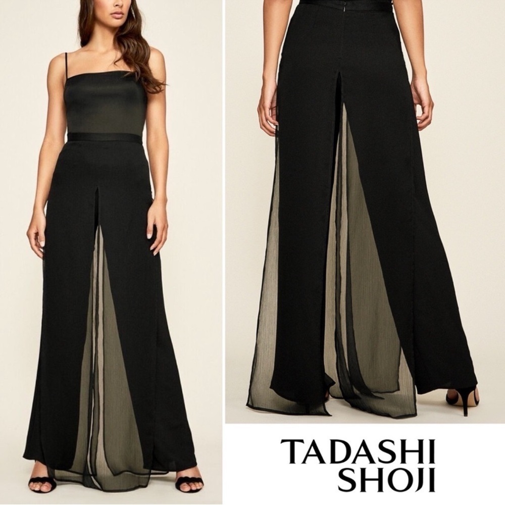 Tadashi Shoji Black Wide-Leg Palazzo Pants with Sheer Inset